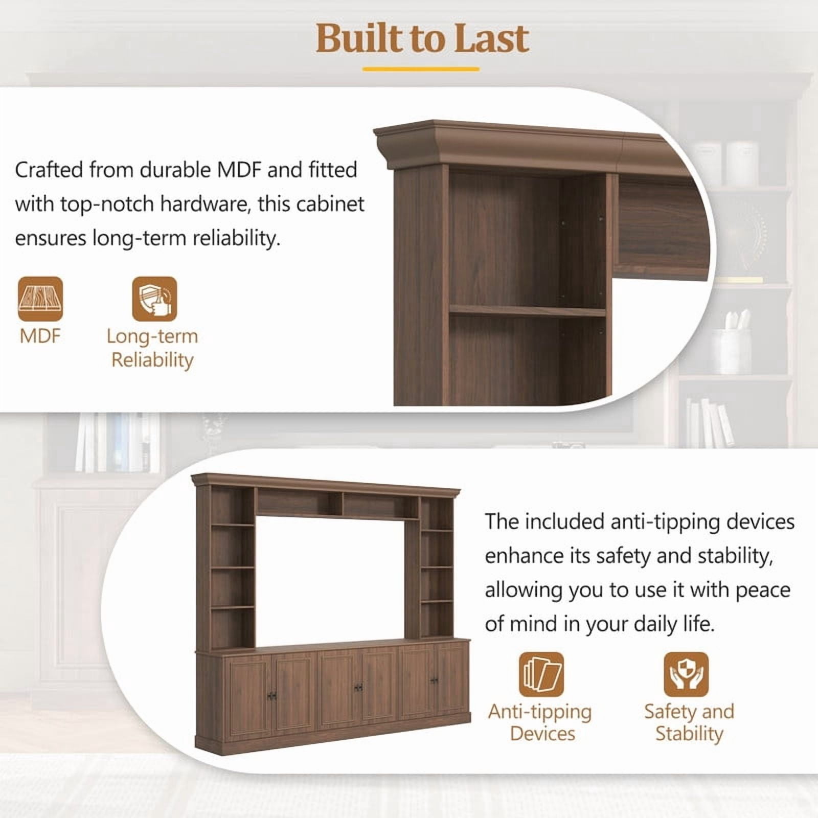 4-Piece Mid-Century Wall Unit Entertainment Center with Bookshelf for TVs Up to 70", Versatile TV Stand with Adjustable Shelf for Living Room