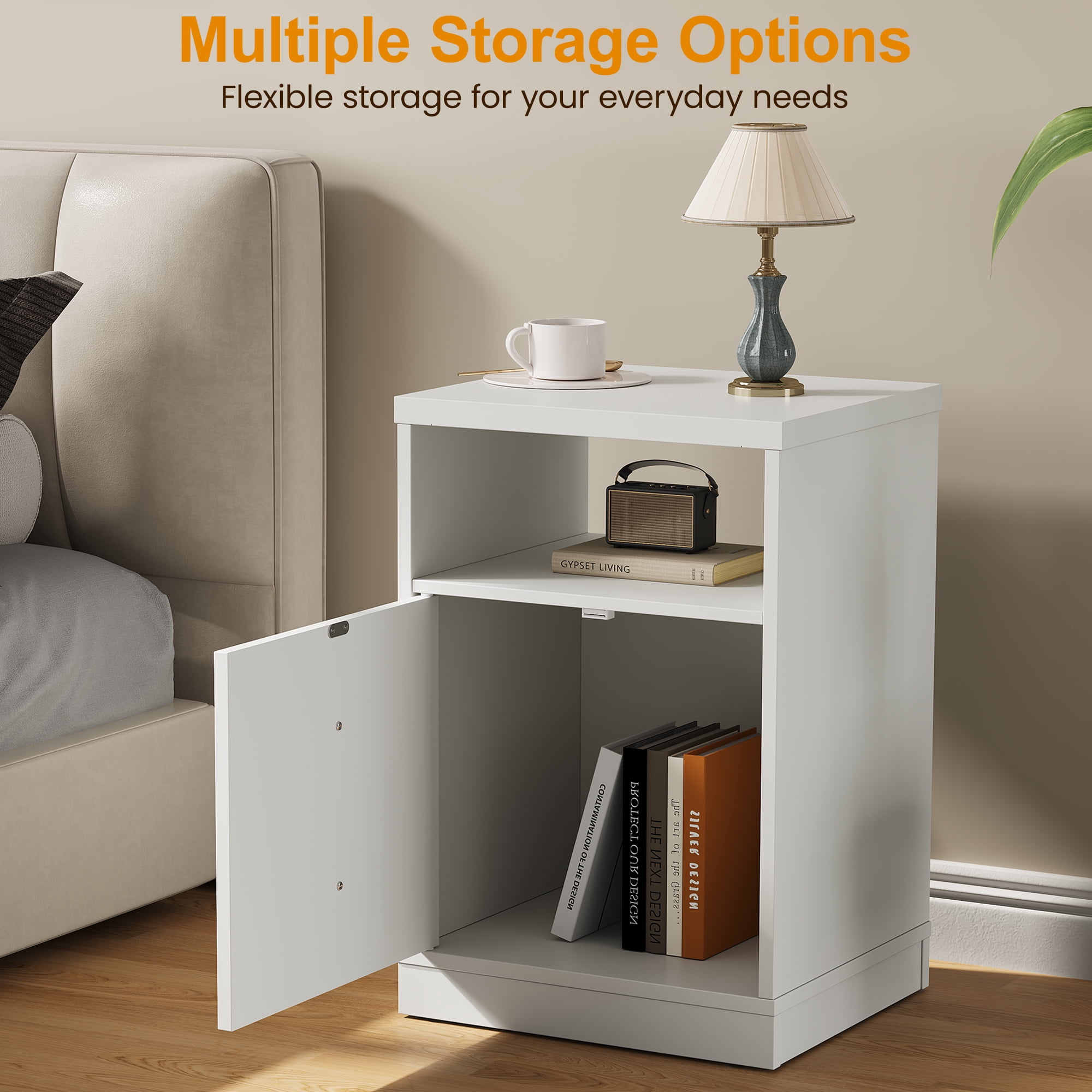 Cozy Home white Nightstand with Storage Shelf & Door, Faux Drawer Design End Table, Compact Side Table for Bedrooms, Dorm Rooms & Small Spaces, Set of 2