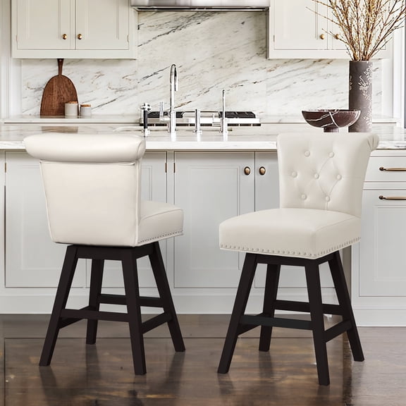 Dycanpo 26'' Swivel Bar Stools Set of 2, Upholstered Barstool with Footrest for Kitchen,White-Faux Leather