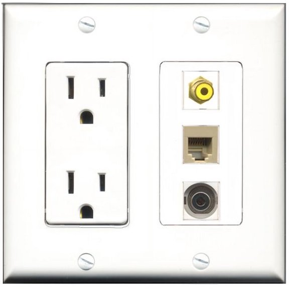 RiteAV - 15 Amp Power Outlet 1 Port RCA Yellow 1 Port Phone Beige 1 Port 3.5mm Decorative Wall Plate