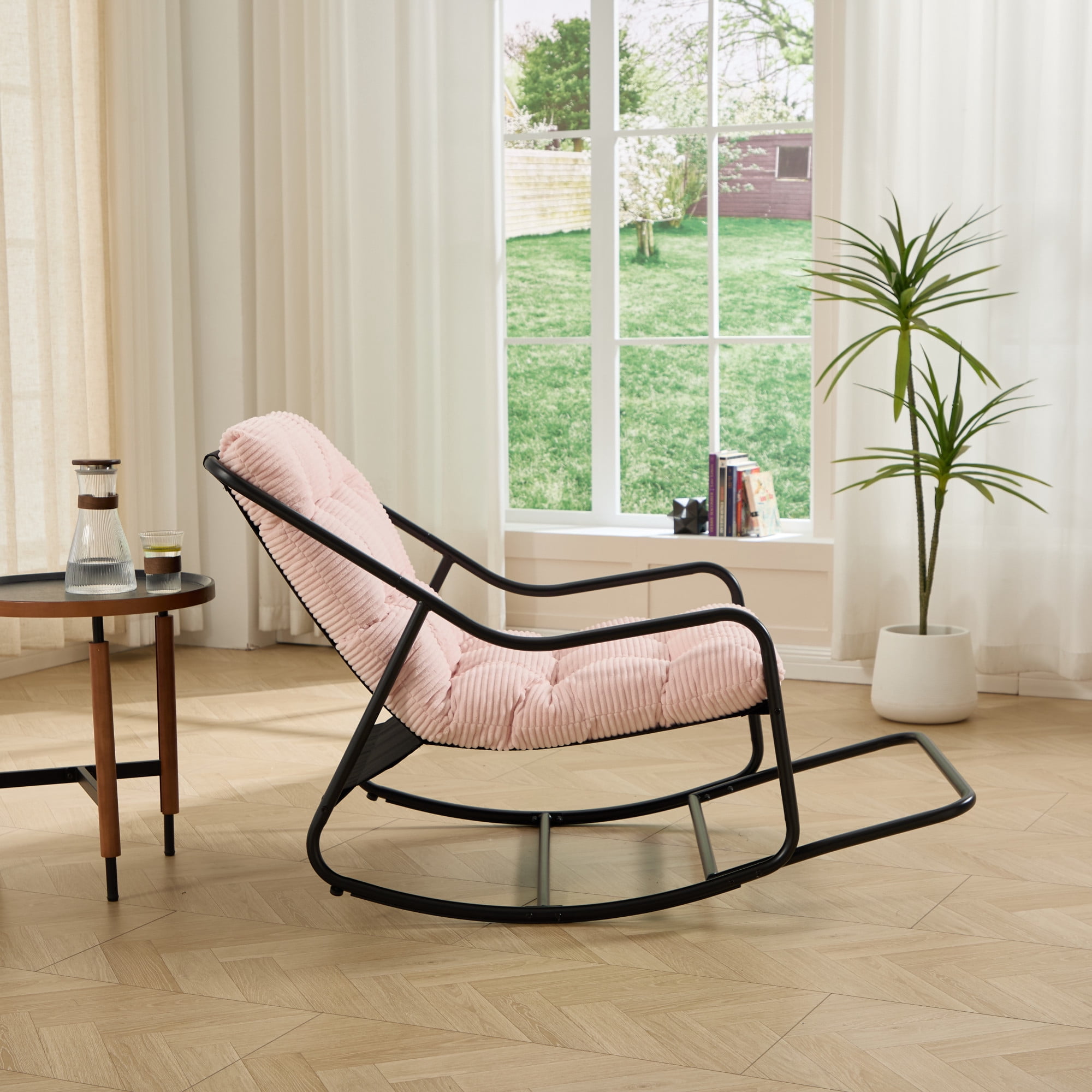 Howcool Patio Rocking Chair with Footrest & Cushion, Curved-Arm Glider Rocking Chair, Indoor Accent Chair