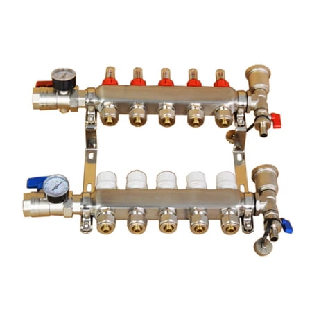 4 Branch Stainless Steel Floor Heating Manifold Set - 1/2" PEX, 5 Channels, With Temp Control Valves