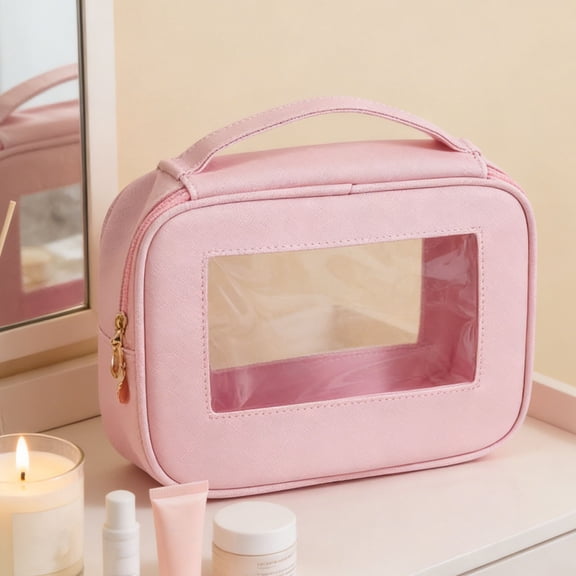 Clear Window Travel Toiletry Bag, Portable Faux Leather Makeup Organizer with Double Zippers & Top Handle, Waterproof Storage Case for Brushes Beauty Accessories