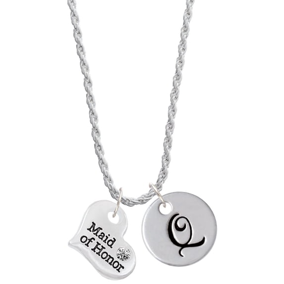 Delight Jewelry Silvertone Large Maid of Honor Heart Silvertone Script Initial Disc - Q - Charm Necklace, 20"+3"
