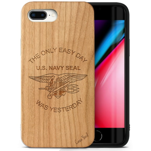 Case Yard Wooden Case Outside Soft TPU Silicone, Slim Fit Shockproof Wood Protective Phone Cover for Girls Boys Men and Women, Supports Wireless Charging Navy 1 Design case for iPhone-8-Plus