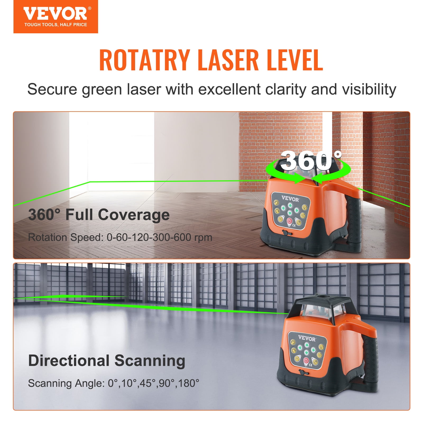 VEVOR Laser Level, 2000ft, 360 Degree Self Leveling Green Cross Line Laser,5 Rotation Speeds & 4 Scanning Angles Adjustment, IP66 Waterproof Remote Control Manual Self-leveling Mode, Battery Included