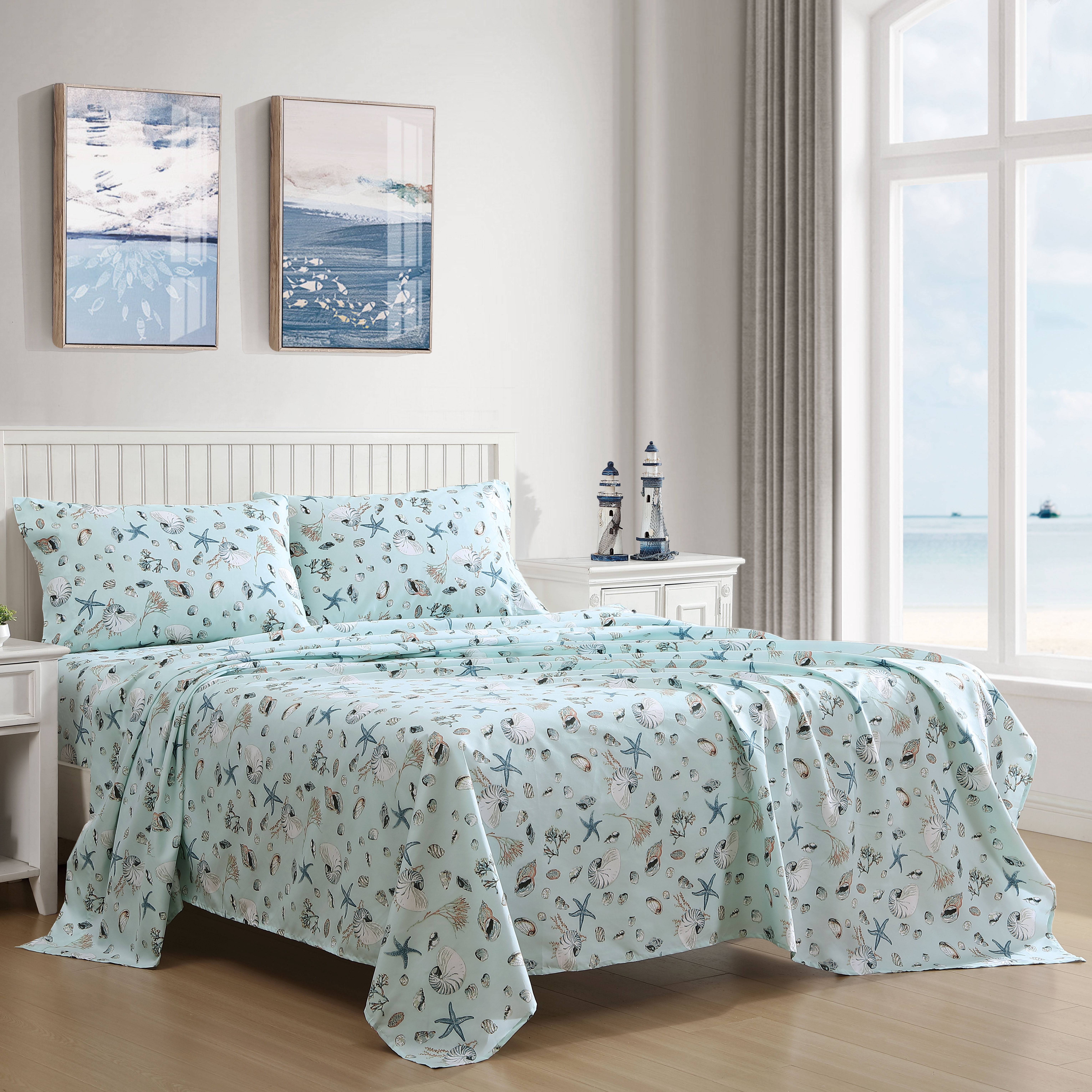 Beatrice Home Fashions Coastal Print Microfiber 4PC Sheet Set King Oceanside Sea