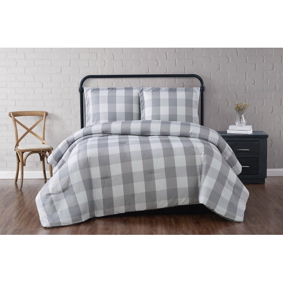 Truly Soft Everyday Buffalo Plaid Gray Polyester 3-Piece Full/Queen Comforter Set, plaid themed, for Men and Women, OEKO-TEX Certified Confidence