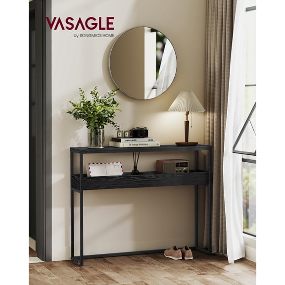 2-Tier Narrow Console Table, 39.4 Inch Entryway Table with Semi-Open Compartments & Adjustable Feet, for Hallway Living Room, Ebony Black