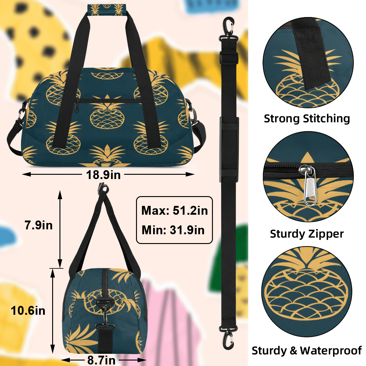 Herdesigns Pineapple Sports Duffle Bag for Women & Men, Golden Gym Bag Dance Bag Overnight Bag Carry On Weekender Travel Bag