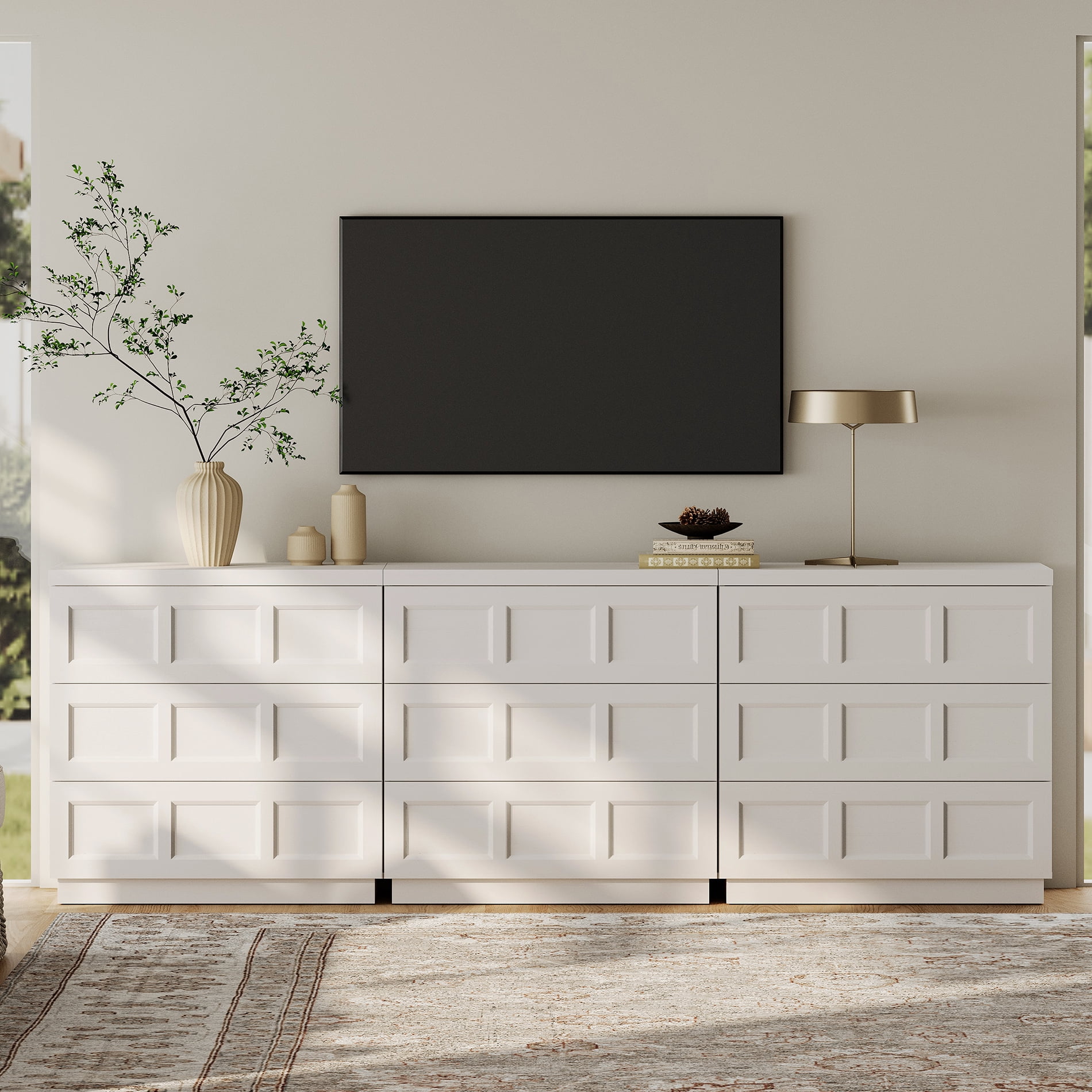 HOMOOI 9-Drawer TV Stand for 70-100" TV, Boho 3 in 1 Thickened Wood Media Console With Smooth Silent Gliding Drawers, Anti-Wobble Stable Entertainment Center for Living Room,White