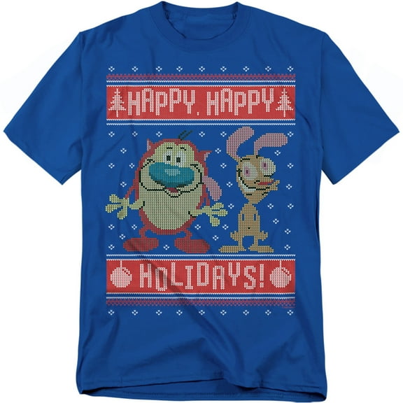 Ren & Stimpy T-Shirt Happy, Happy Holidays Ugly Christmas Sweater Unisex Graphic Tee For Men & Women