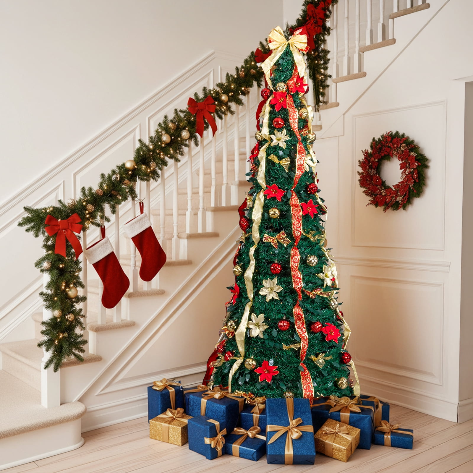 7 FT Fully Decorated Pre-lit Christmas Tree, Pop Up Artificial Xmas Tree with 200 Warm Lights Remote Control and Red & Golden Ornaments for Home Office Store Holiday Decor