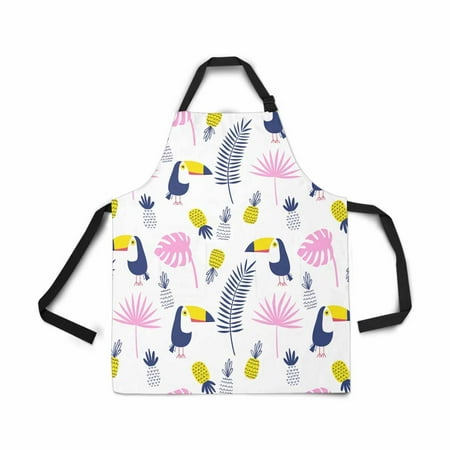 

ASHLEIGH Toucans and Pineapples Summer Holidays Apron for Women Men Girls Chef with Pockets Blue Pink and Yellow Colors Bib Kitchen Cook Apron for Cooking Baking Gardening Pet Grooming Cleaning