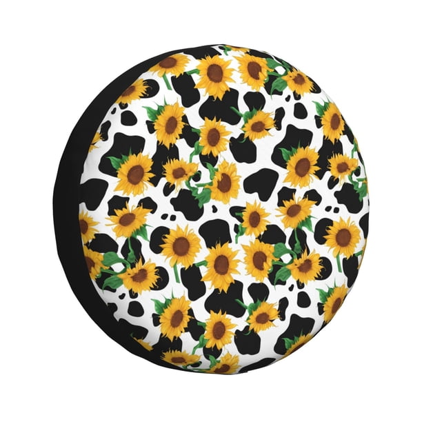 Fotbe Cute Cow Print Sunflower C Funda de Llanta de Repuesto con Estampado, Engrosada, Ajuste Universal para Jeep, Remolque, RV, SUV, Camión-15 inch