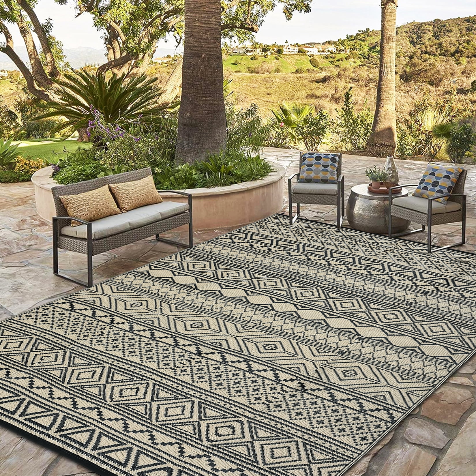 Garvee 9'x12' Plastic Outdoor Rugs, Bohemia Waterproof Straw Rug Reversible Indoor Outdoor Carpet for Patio Deck Porch Backyard Camping Picnic Beach, Black & Brown