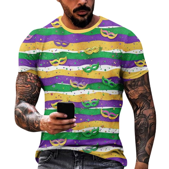 Resicozy Mardi Gras T-Shirt for Men 2026 Funny Printed Holiday Casual Shirt Fashion Crewneck Short Sleeve Shirts Dark Green M