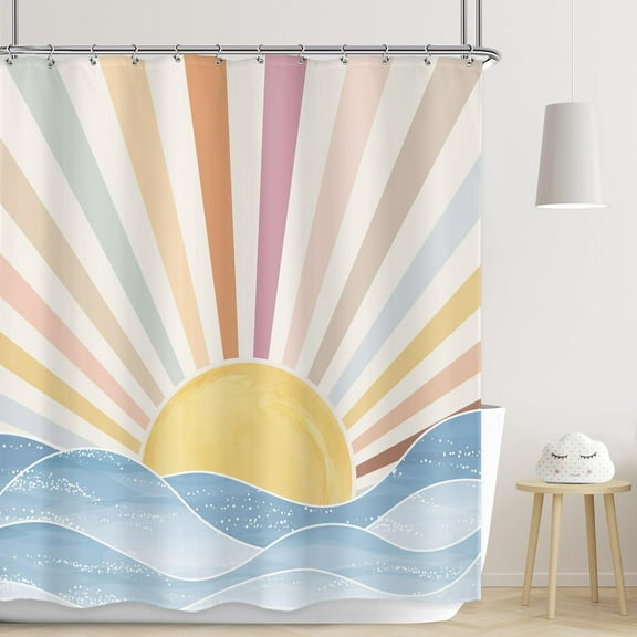 saxeuu Boho Rainbow Sun Shower Curtain Bathroom Set 60Wx71H Inches Retro 70s Abstract Colorful Sunshine Sunrise Sunset Ocean Sea Waves Bath Accessories Aesthetic Art Home Decor Fabric 12 Pack Hooks