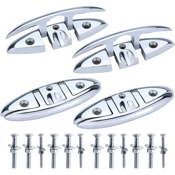 Folding Boat Cleats 316 Stainless Steel - 6" Marine Grade Flip-Up Dock Cleats with Backing Plates & Fasteners - Compatible with Yacht, Kayak, Pontoon - 4 Pack