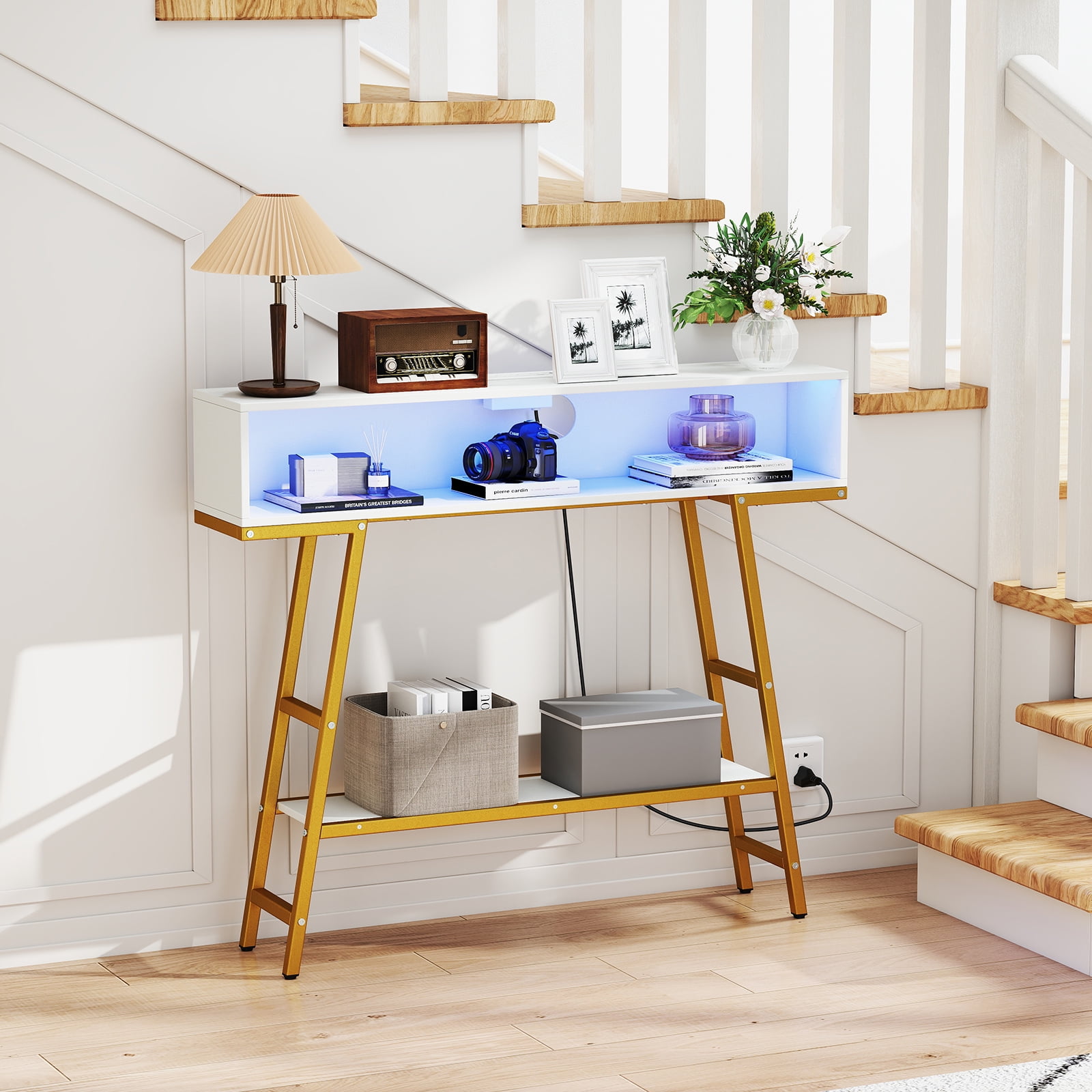 Gymax 40'' Console Table w/ Power Strip 3-Tier Entryway Table w/ RGB LED Lights White