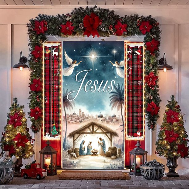 Decoraciones navideñas, adornos navideños, regalos de Navidad, marco de puerta navideño, decoración para fiestas, pegatinas para puertas, escena navideña, tela colgante, funda de poliéster para puerta