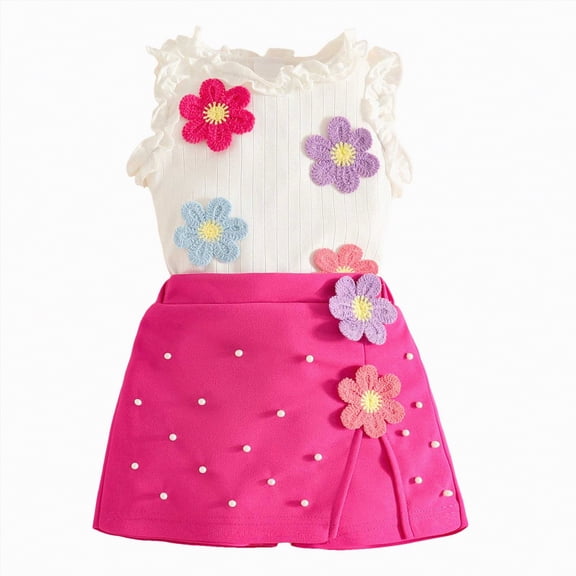 Xudanell Baby Girl First Birthday Outfit Flower Applique Crew Neck Top Pearls Short Skirts Sets Newborn Girl Clothes