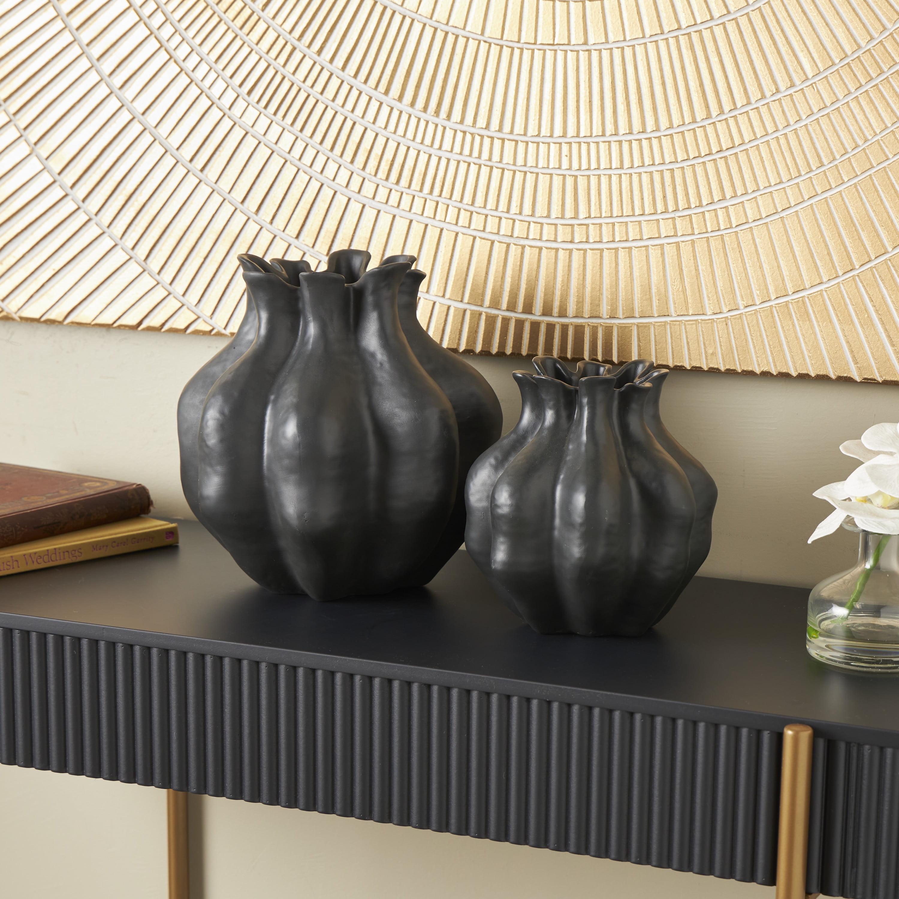 DecMode 10", 8"H Abstract Tulip Shaped Black Resin Vase, Set of 2