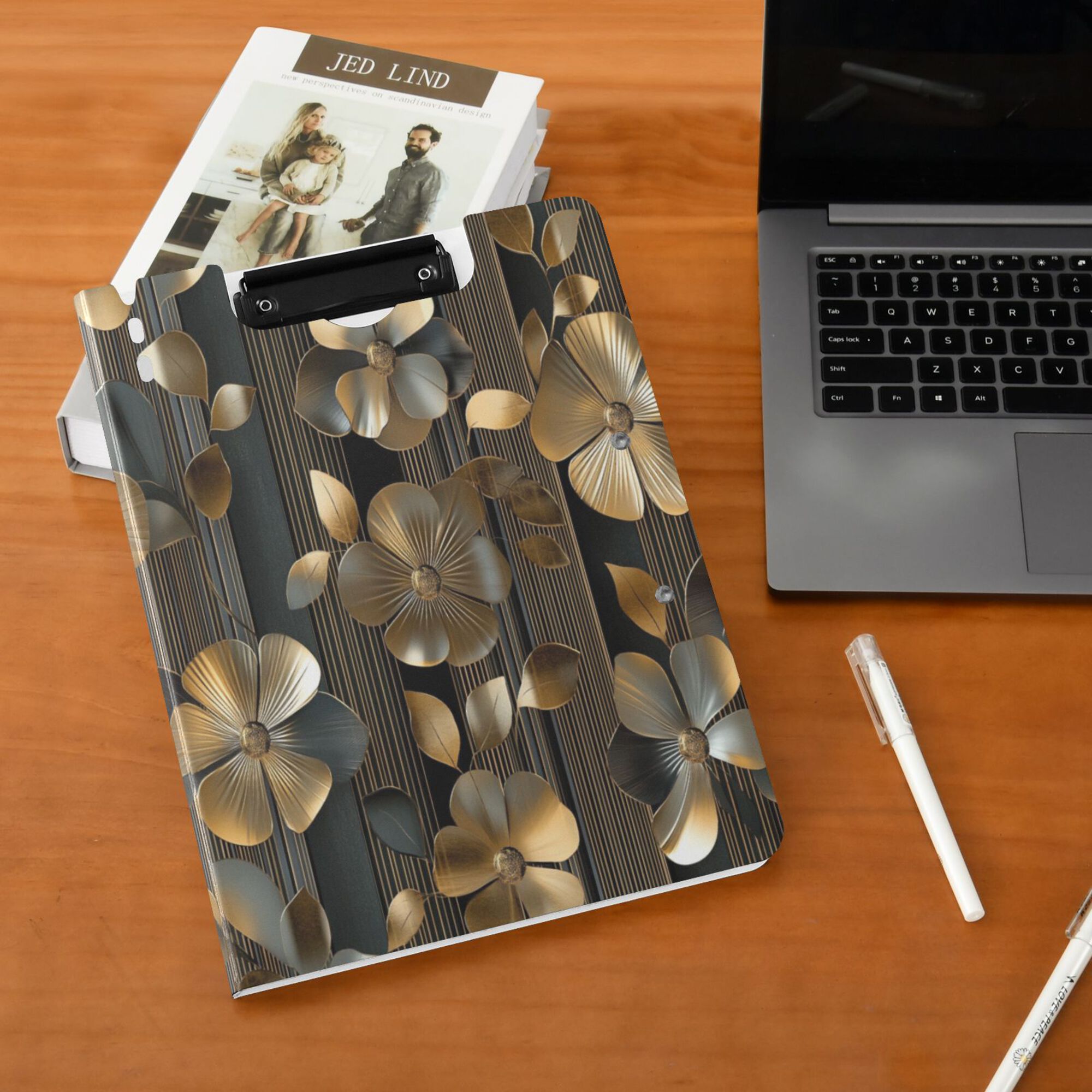 FORMRS A4 Clipboard Folder with Pen Holder Horizontal Foldable School Office Binder, Floral Lines