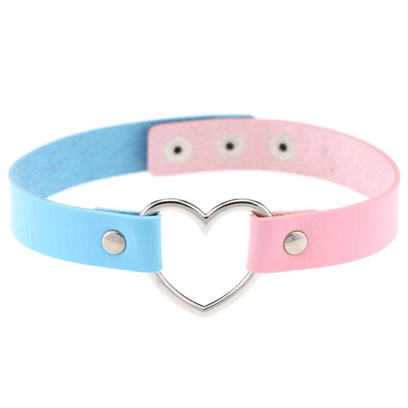 AKOAK Girls Love Heart Choker Double Color PU Leather Collar Punk Collar Choker Necklace Heart Goth Fans Choker Necklace(Pink-Light Blue)