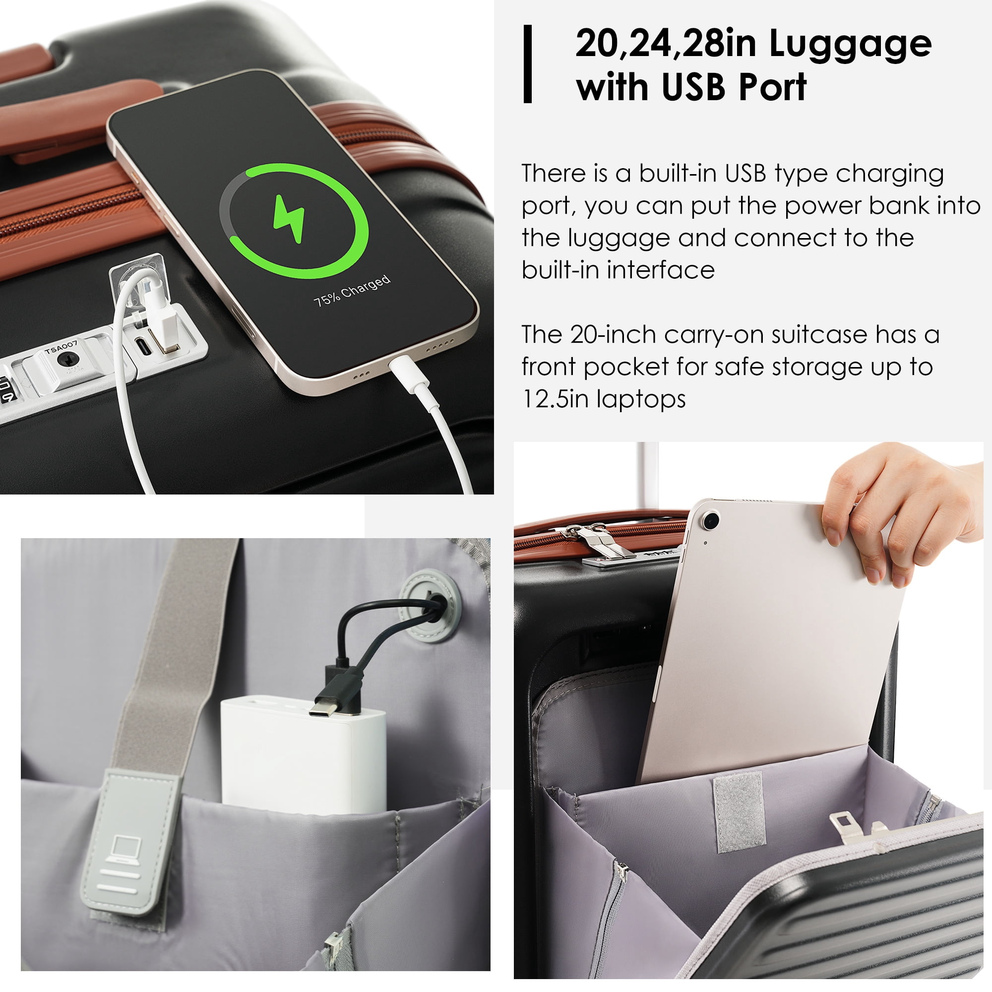 LoLado Front Opening 20in Carry-on Luggage with Expandable Travel Bag Set, ABS Hard Shell Two-piece Travel Suitcase Set with USB Port, Cup Holder, Black