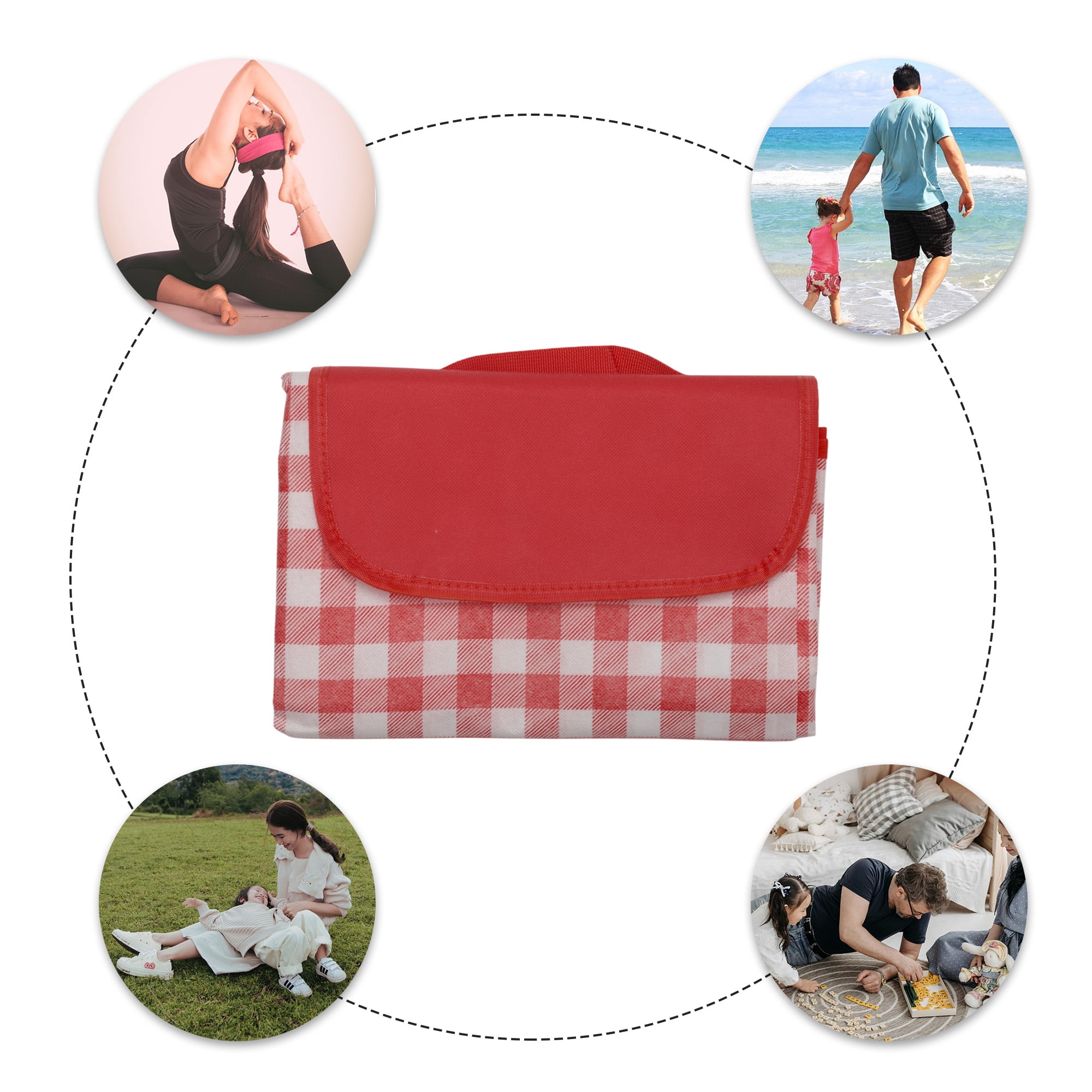 Unique Bargains Picnic Blanket Beach Mat Lightweight with Handle Red White 200x200cm