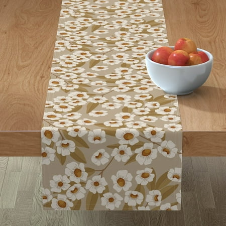 

Cotton Sateen Table Runner 90 - Cream Flowers Green Floral Woodland Tan Neutral Print Custom Table Linens by Spoonflower