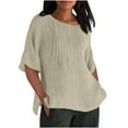 thumbnail image 5 of YUGYXL Cotton Linen Shirts for Women Short Sleeve Summer Tshirts Side Split Lightweight Blouses Front Ruffle Round Neck Lounge Tops Beige XXXL, 5 of 5