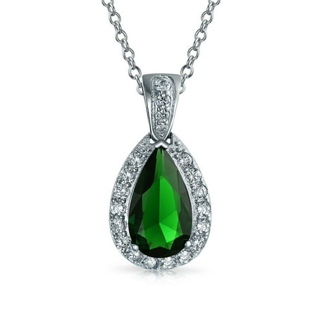 Green Jade Teardrop Pendant (Green Pear Shaped Tear drop Pendant Necklace For Women Pace CZ Halo Simulated Emerald Rhodium Plated Brass 18 Inch)