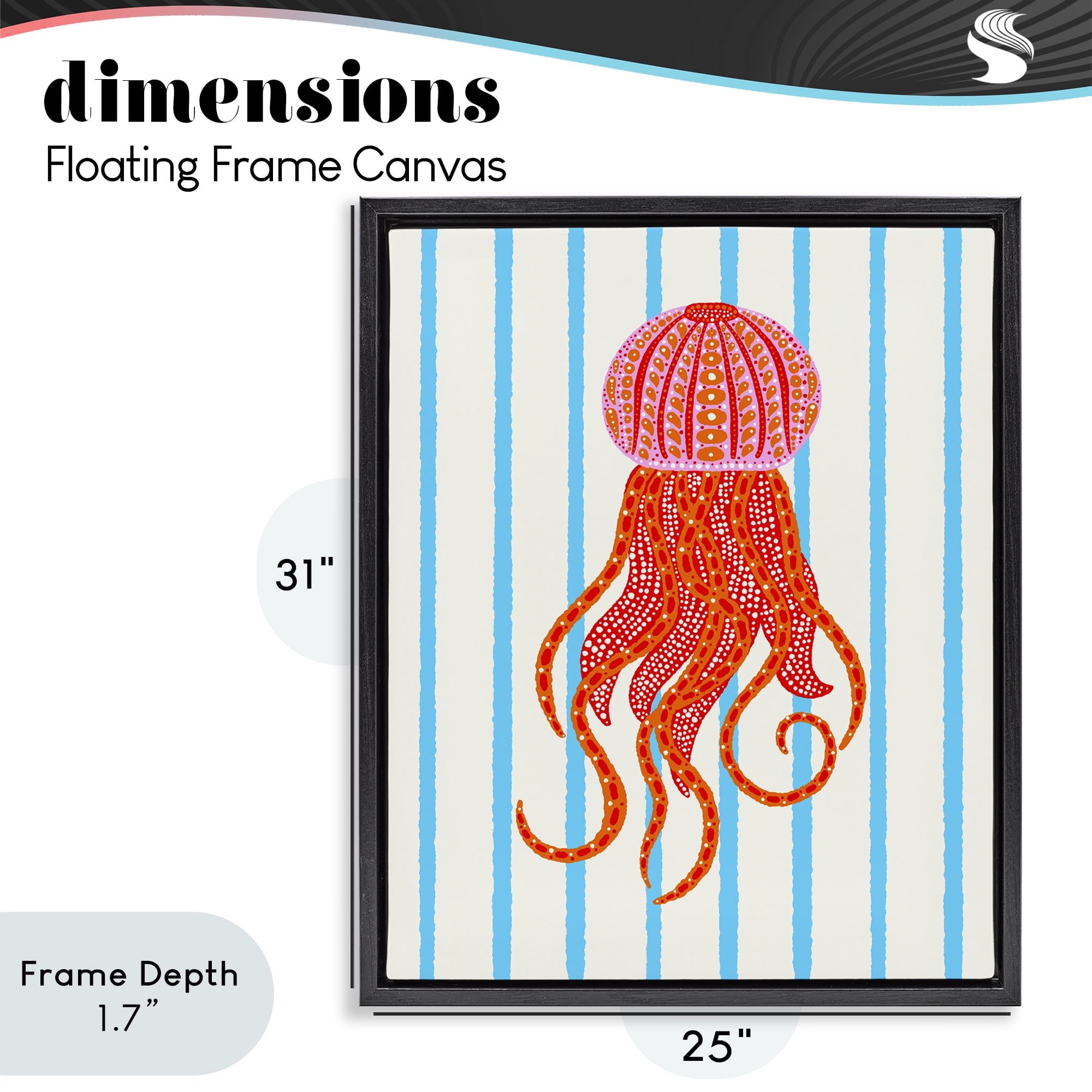 Stupell Industries Bright Aquatic Jellyfish on Stripes Black Framed Floater Canvas Wall Art, design by Indira Prieto | IndySign
