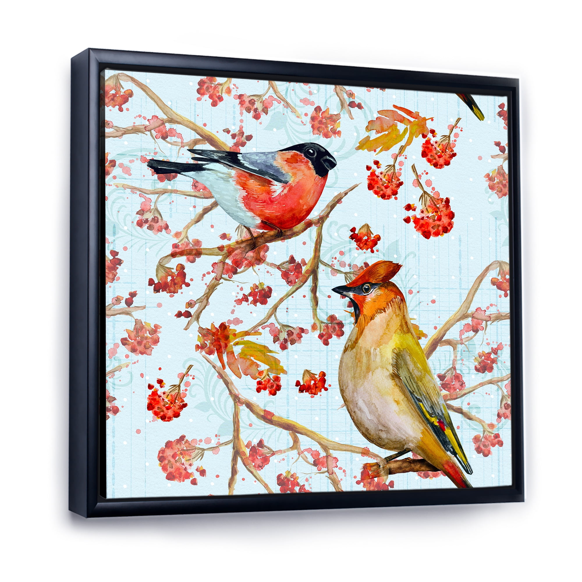 Designart 'Two Birds Sitting On Branches During Autumn' Traditional Framed Canvas Wall Art Print