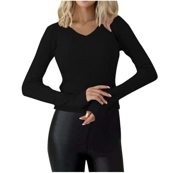 Aobny V-Neck Women Winter Clothes Black Ribbed Cotton Long Sleeve Tops Summer Tops for Women 2025,L