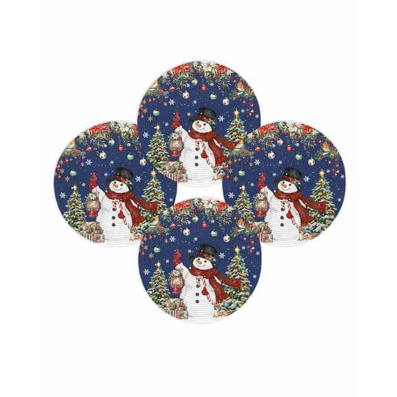 Christmas Round Placemats Set of 4 Snowman Pine Tree Place Mats Woven Placemat Poinsettia Berry Christmas Ball Navy Blue Circle Braided Table Mat for Kitchen Dining Table Party Home Decor 15 Inch