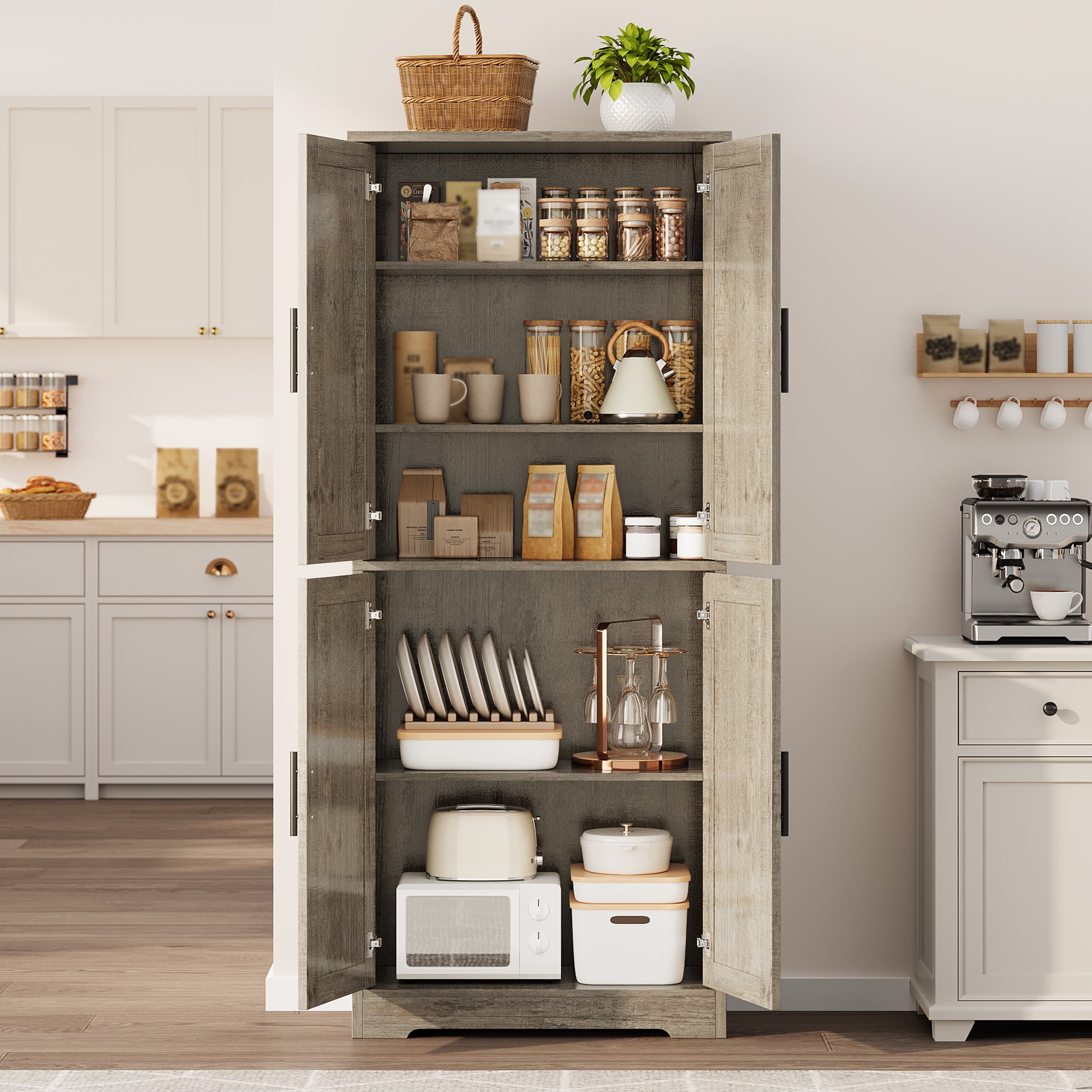 Modern Tall Freestanding Pantry Cabinet, Multipurpose Home Organizer – 70" Storage Cupboard with 4 Doors, Adjustable Shelves, Open Shelf – for Living Room, Bedroom, Bathroom – New Gray