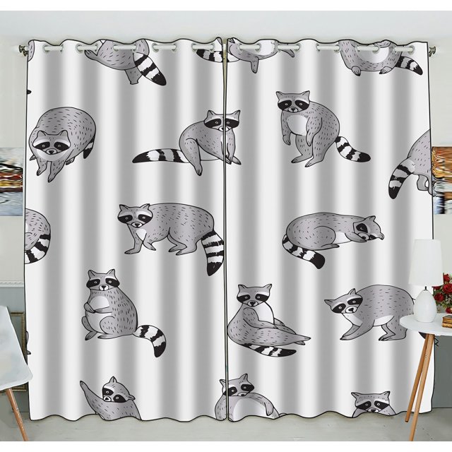 ABPHQTO Lindo mapache Animal Doodle ventana cortina cocina cortina ventana cortinas Panel 130x210 cm (dos piezas)