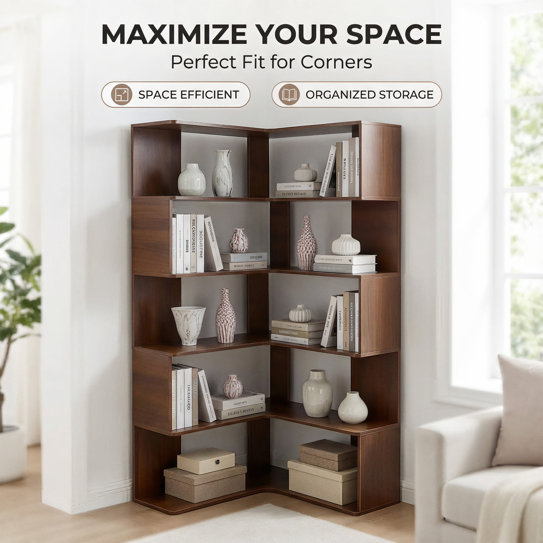 Noble House 6-Tier Tall Corner Bookshelf, L-Shaped Wooden Bookcase with Baffle and Safety Design, Home Office, Walnut