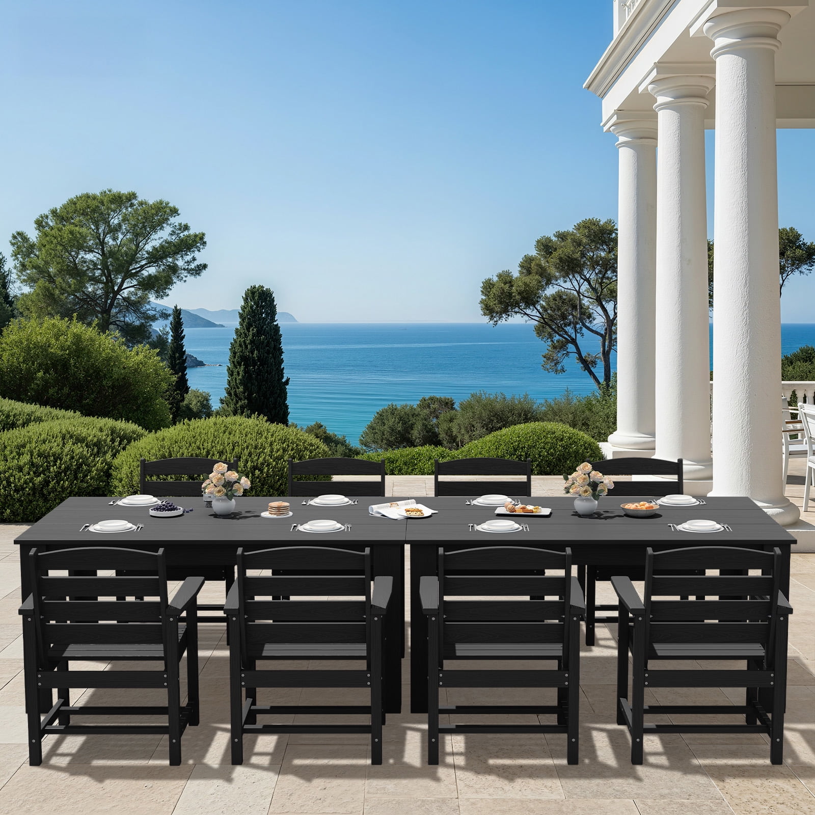 SERWALL Outdoor Dining Set for 10, 2 Outdoor Dining Tables with Umbrella Hole and 10 Armless Dining Chairs, All Weather Patio Dining Set, Black