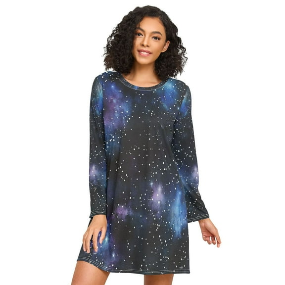 FORMRS Womens Long Sleeve Nightgowns Crew Neck Sleep Shirt Soft Pajamas Sizes S-3XL, Watercolor Galaxy