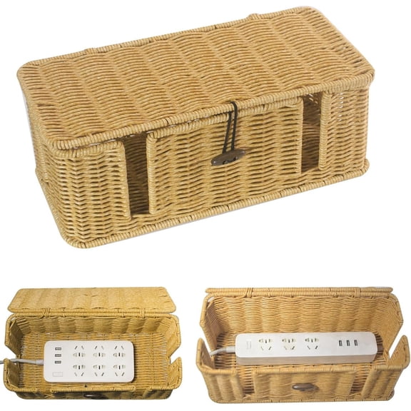 Handmade Rattan Cable Management Box, 3 Open Slots Cords Hider Boxs, Safe Practical Cords Holder Functional Cable Organizer, Decorative Cord Hider with Lid, Large Cable Organizer for Desk, TV Wires