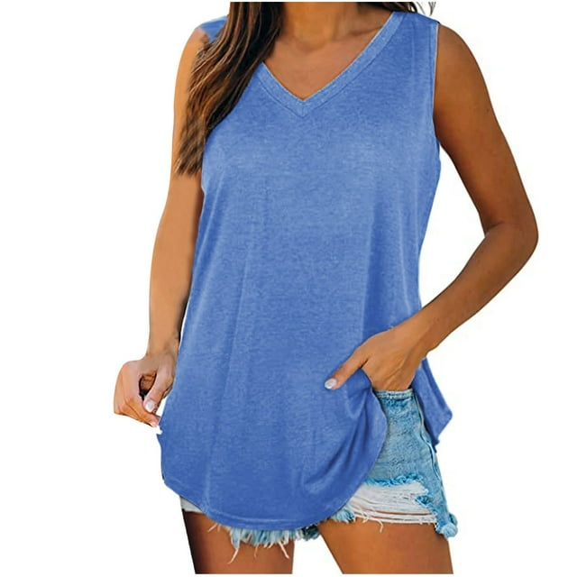 AherBiu Womens Tank Tops V Neck Basic Solid Color Tops Flowy Loose Fitted Summer Sleeveless Camis Shirts