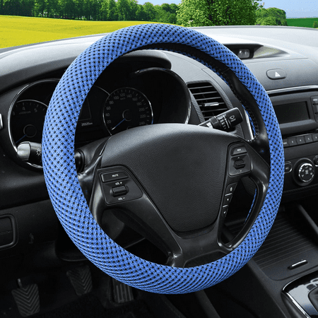 Elastic Stretch Steering Wheel Cover, Warm in Winter and Cool in Summer, Universal 15 inch, Microfiber Breathable Ice Silk, Anti-Slip, Odorless, Easy Carry, Blue