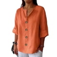 thumbnail image 2 of Women's Fashion Casual V-Neck Button Down 3/4 Sleeve Cotton Linen Top, Relaxed Fit Blouse, Spring Summer Tunic for Women,Orange,4XL, 2 of 7