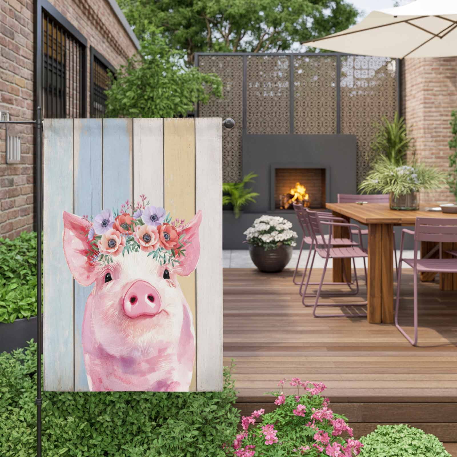Cute Pink Pig House Flag 28 x 40 Inches, Red Purple Flower Wooden Stripes Farms Animal Weather Proof Outdoor Patio Flags Double Sided Small House Decoration for Yard Lawn Outside Home