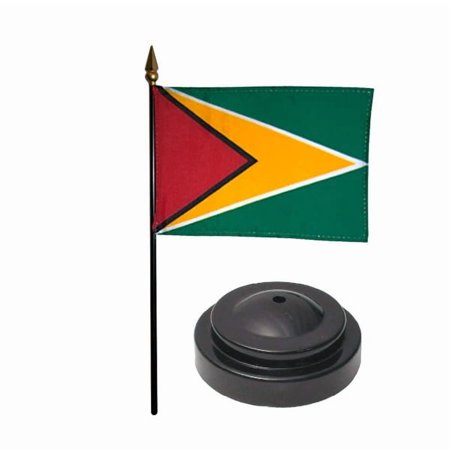 Guyana Desk Flag with Base; American Made Rayon 4x6 inch Miniature Table Set Includes One Small Mini Country Stick Flags and One Black Stand (Guyana Desk Flag and Base)
