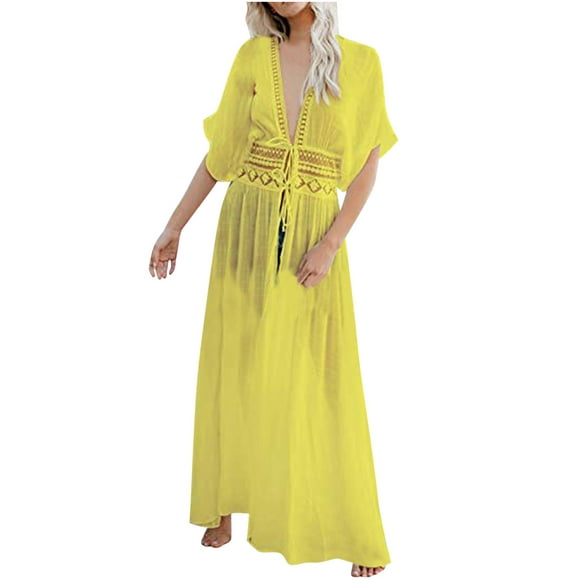 PEZHADA Swimsuit Couverture pour les Femmes, la Mode Féminine Casual Printemps et Été Creux sur la Plage Longue Couverture de Style vers le Haut Jaune XL